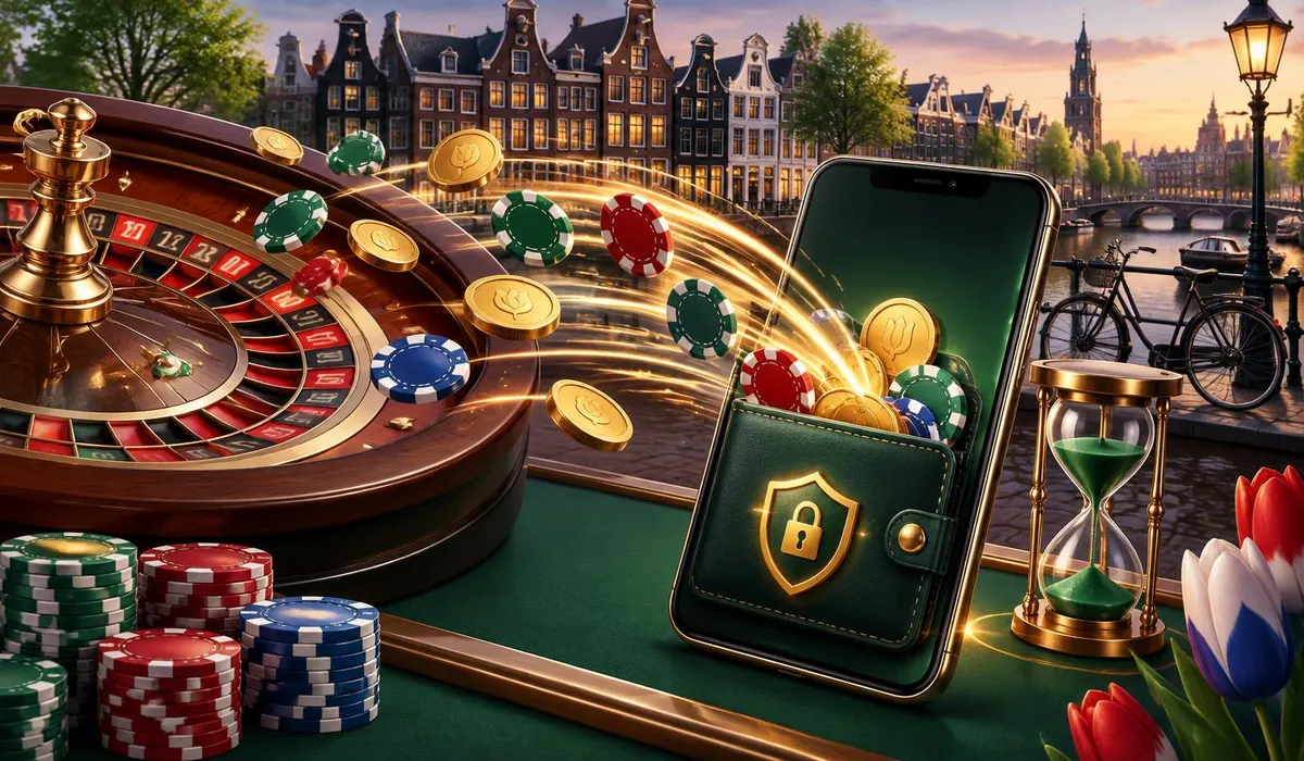 Smartphone met voltooide betaling naast een zandloper en portemonnee aan een Nederlandse gracht