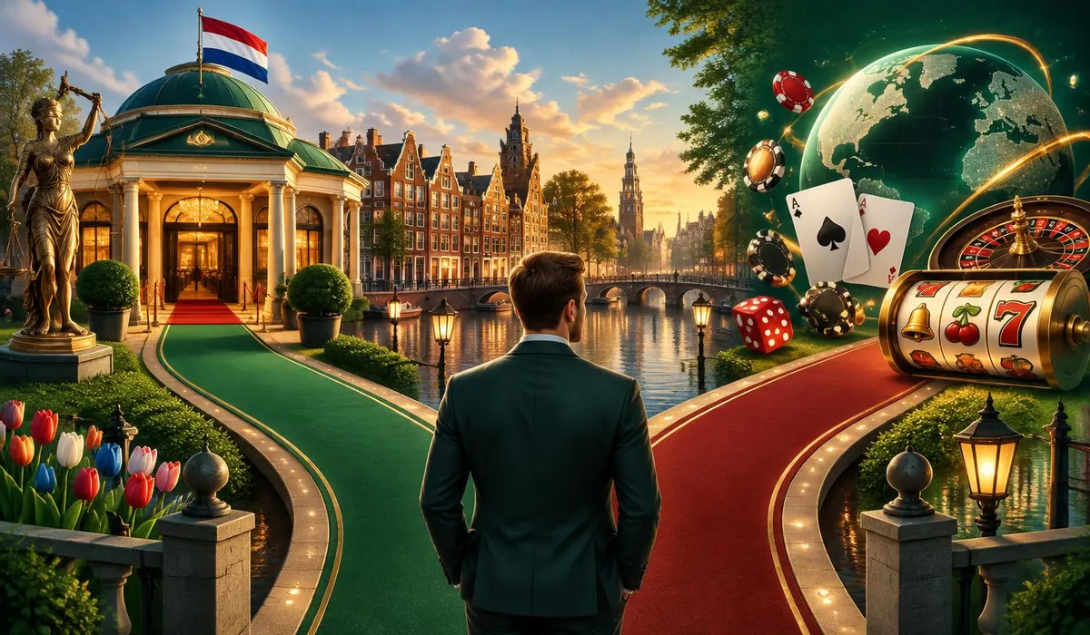 Nederlandse wegwijzer tussen Amsterdamse grachtenpanden en een internationale bestemming