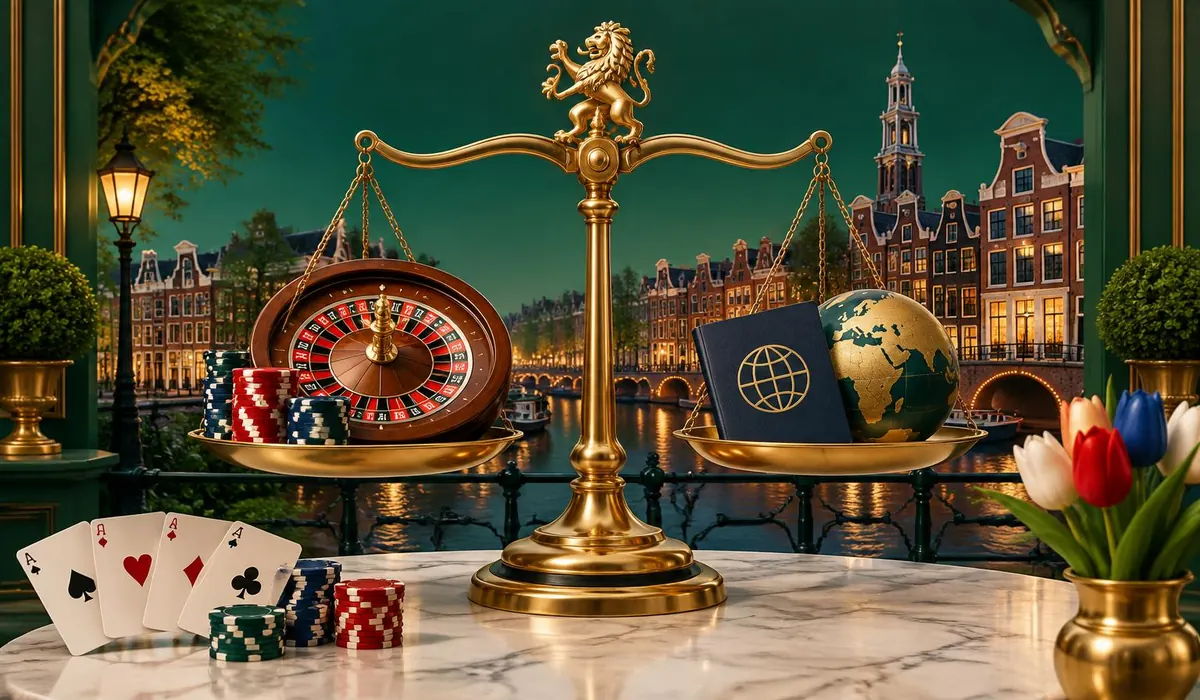 Koperen weegschaal naast Nederlandse grachtenpanden en internationale symbolen