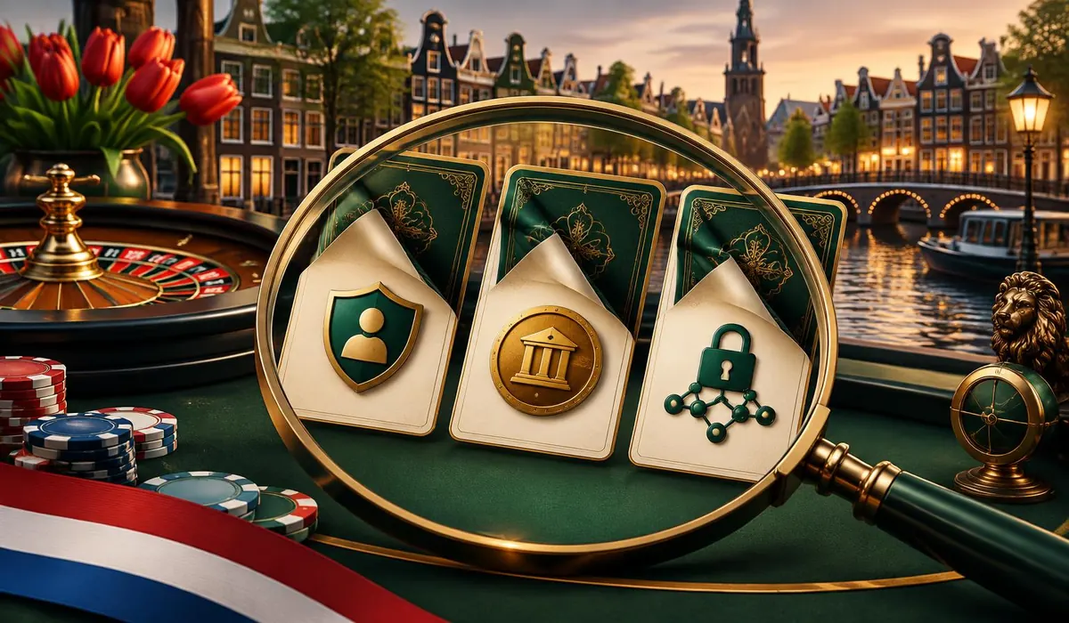 Drie glazen vraagtekens met vergrootglas in een Nederlandse studeerkamer