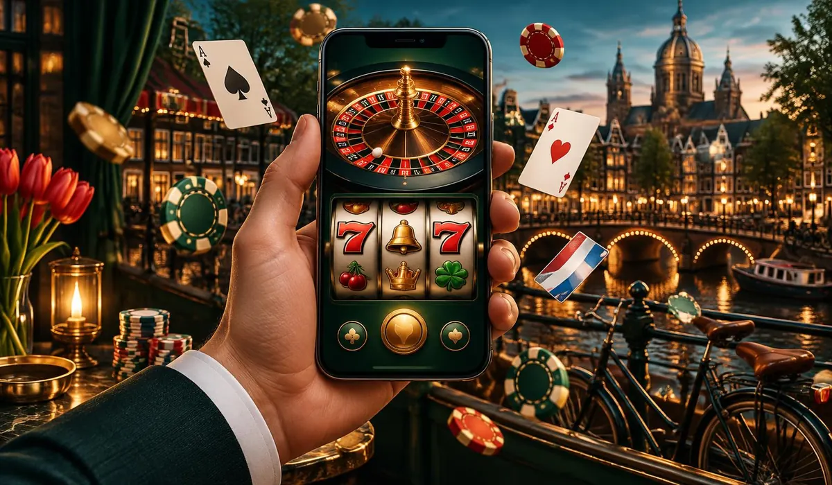 Nederlandse vrouw gebruikt een mobiel casinospel in een café aan de Amsterdamse gracht