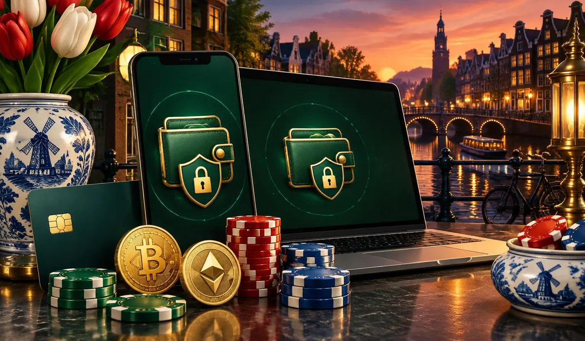 Laptop en smartphone met digitale wallet in een moderne Nederlandse keuken aan de gracht