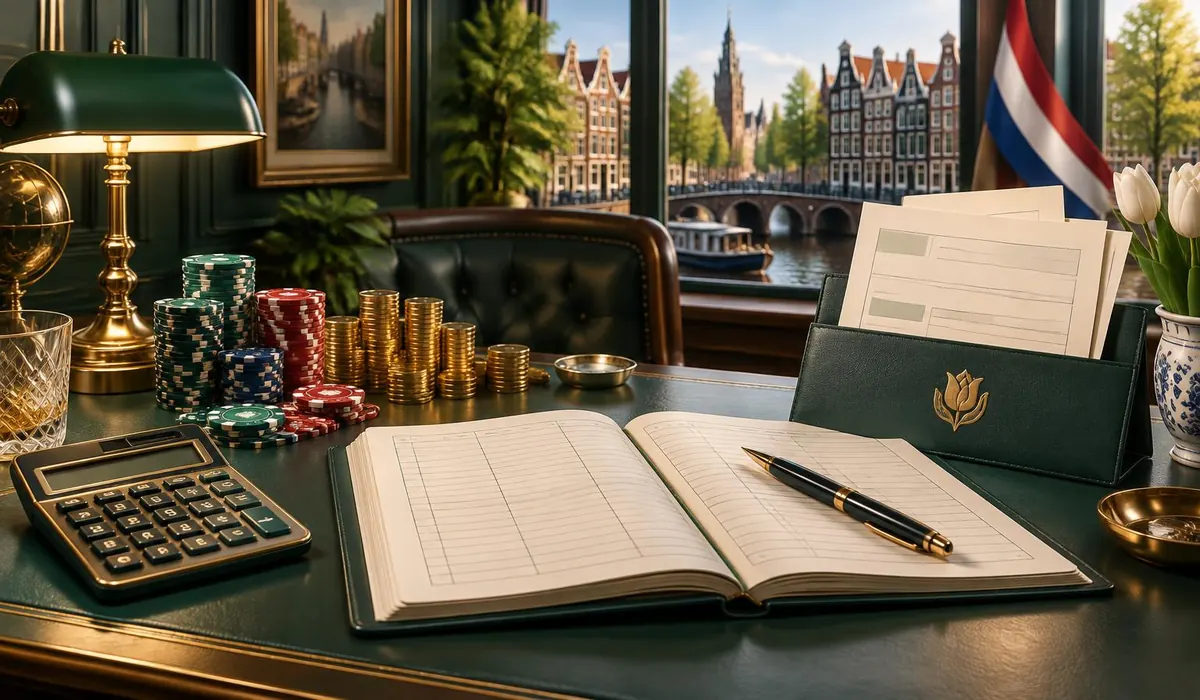 Geordende belastingpapieren, rekenmachine en afgesloten geldkist op een Nederlands bureau